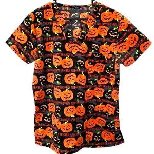Halloween Pumpkin Scrub Top 2XL Short Sleeve VNeck Pockets Just Love